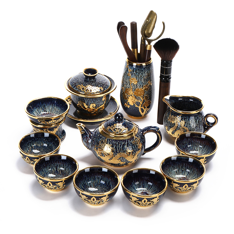 Recreational product an inset jades kung fu tea set jingdezhen ceramic inlaid with silver dragon teapot teacup tea taking the whole household