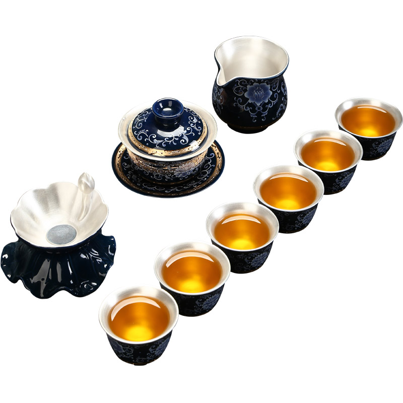 Recreational product coppering. As silver tea set a complete set of blue and white porcelain ceramic kung fu tea set manually silver 999 office tea cups