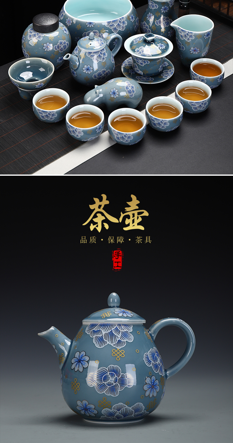 Recreational product ceramic kung fu tea colored enamel Chinese tureen tea cups suit modern household manual of a complete set of tea service