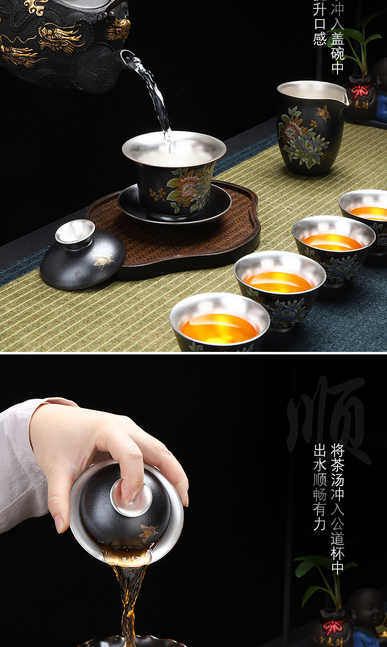 Recreation article 999 tasted silver gilding the tank of a complete set of ceramic tea set office silver kung fu tea cups