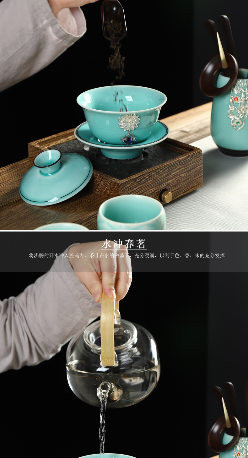 Recreation items with silver agate embedded ceramic tea set suit household kung fu tea sets the whole Chinese tea cups