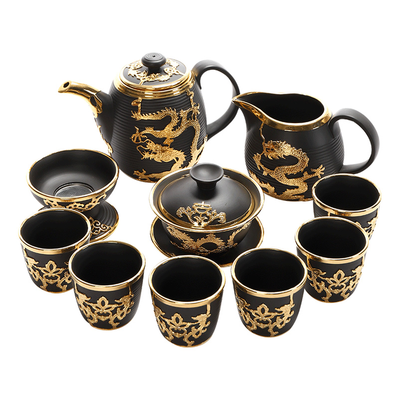 Recreational product gold suit of a complete set of yixing purple sand tea sets ceramics kung fu palace wind tureen gold cup teapot