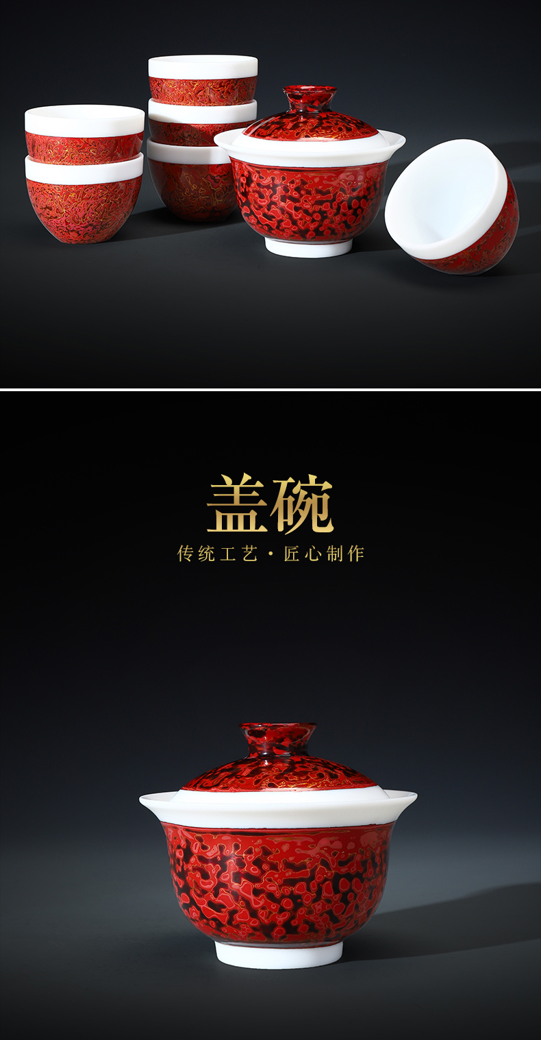Recreational product lacquer tea set new Chinese style restoring ancient ways dehua white porcelain suet jade Chinese lacquer tureen Chinese lacquer ceramics by hand