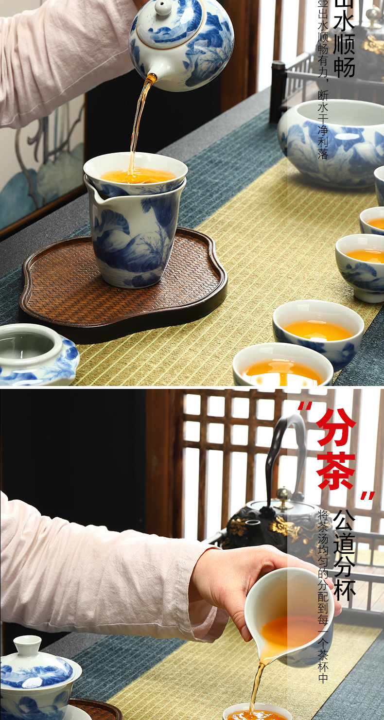 Recreational product ceramic kung fu tea set archaize open a piece of blue and white landscape pattern of a complete set of office home teapot set of tea cups