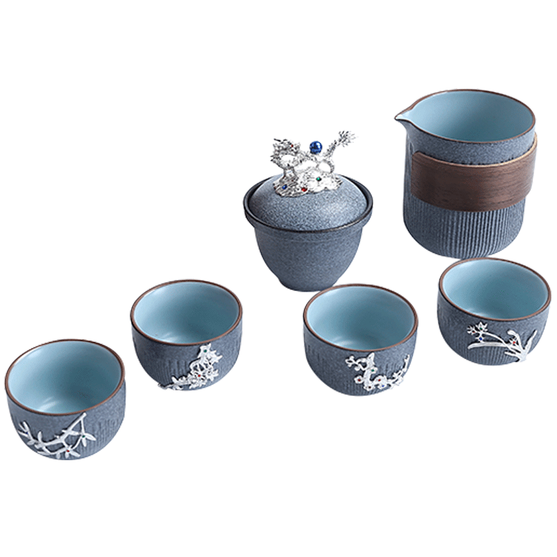 Recreation quality marble crack cup a pot of a complete set of kung fu tea set four cups with silver Japanese ceramics portable tea