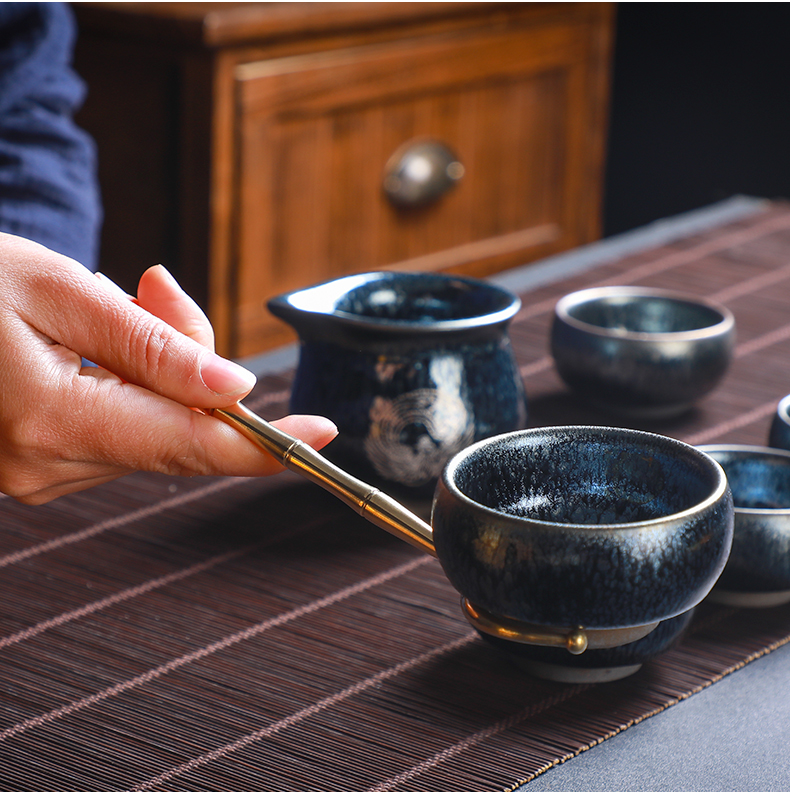 Recreational product silver coloured glaze jade porcelain tea set 6 gentleman kung fu tea spoon ChaZhen pure copper fittings ChaGa cups of tea