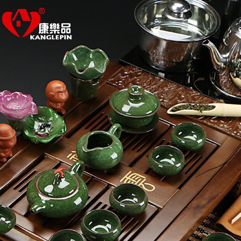 Recreational products a complete set of tea set ice crack glaze ceramic not violet arenaceous kung fu tea sets induction cooker medium solid wood