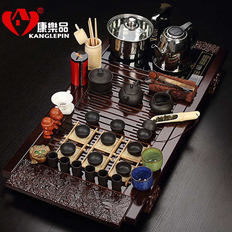 Recreational product four unity ice to crack a complete set of ceramic tea set solid wood tea tray electromagnetism kung fu tea set