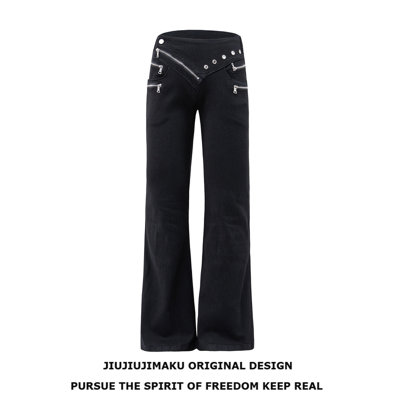 Multi-Zipper, Unique Waistband, Eyelet Low-Waist Waxed Finish Long Pants, Slightly Curved Design, Flattering Fit, Slimming Skinny Style Multi-Zipper, Unique Waistband, Eyelet Low-Waist Waxed Finish Long Pants, Slightly Curved Design, Flattering Fit, Slimming Skinny Style