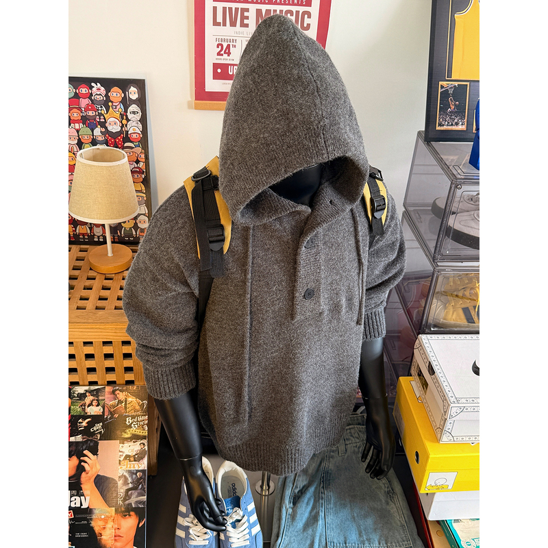 Cleanfit Hooded Knitwear Men's Spring & Fall American-Style Gray Lazy Style Sweater Loose Casual Half-Cardigan Sweatshirt