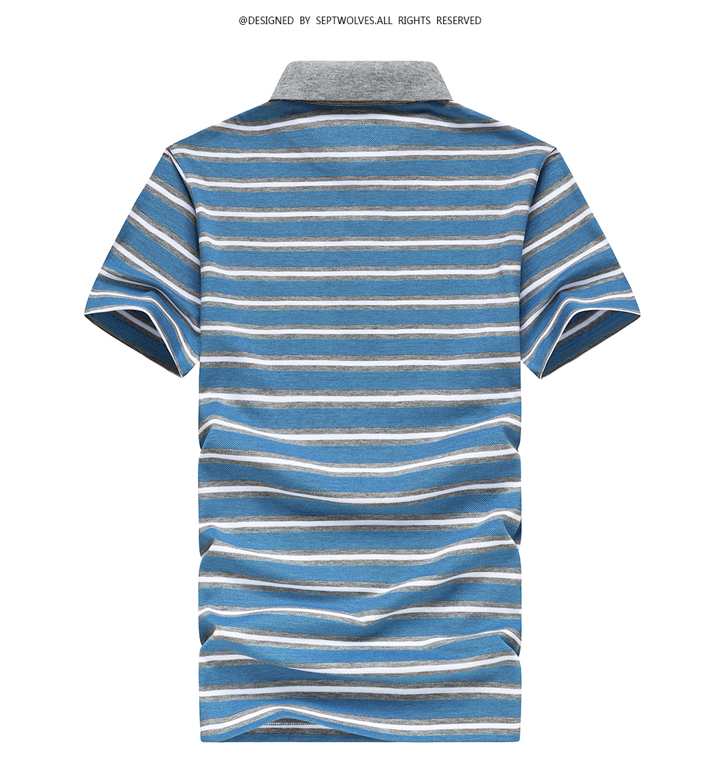 Bảy con sói áo thun ngắn tay nam Màu xanh trung niên vạt áo thời trang sọc POLO Áo sơ mi cotton nam Mercerized Quần áo mùa hè Sản phẩm mới áo polo