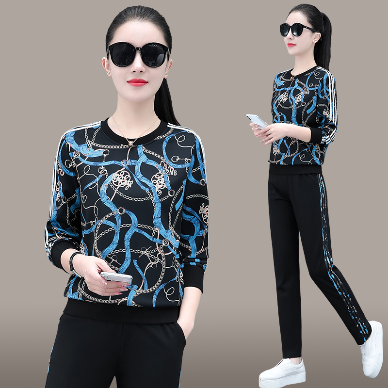 Autumn and winter sports clover suit women's new print age-reducing western style long-sleeved trousers ice silk casual two-piece suit