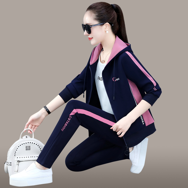 Sports clover suit women's spring and autumn new three-piece sweater long-sleeved casual foreign style zipper hooded royal blue