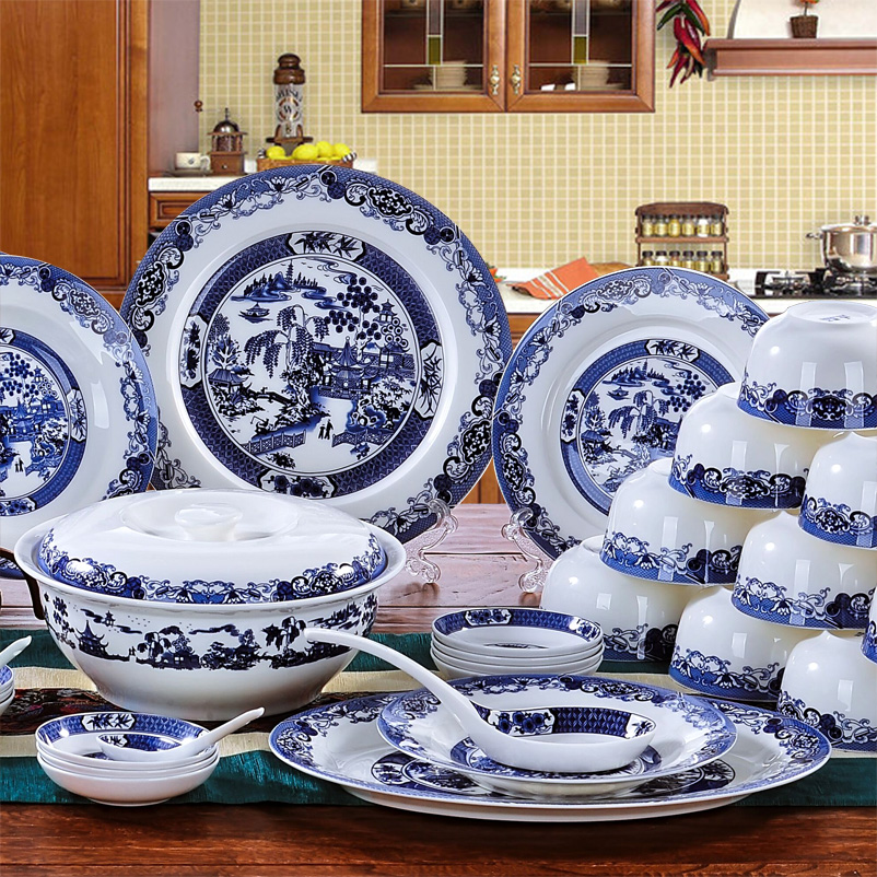 Gift glair 56 skull porcelain tableware suit of blue and white porcelain bowl Die jingdezhen bowl dishes household composition