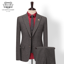 Leach suit suit mens gray striped wool business Youth stripes single-breasted wedding suit two-piece set