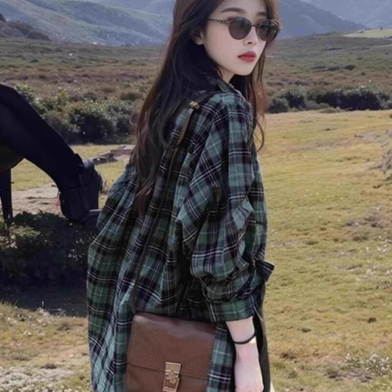 British Style Green Plaid Shirt for Women, Spring and Autumn Casual Loose Mid-Length Layered Shirt, Thin Cardigan, Sun Protection Clothing