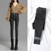 Jeans pencil pants spring 2021 new slim slim thin black small feet tight velvet high waist trousers