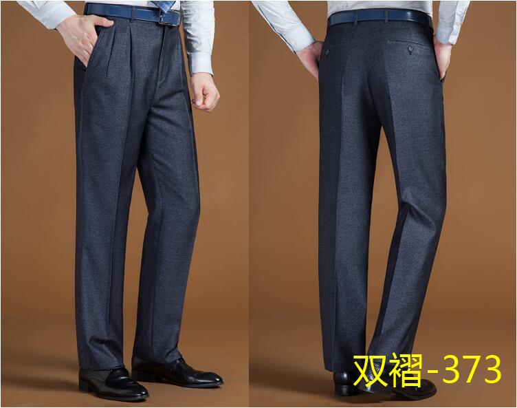 2018 thu đông nam mới quần chất liệu len dày phần giữa và tuổi già gấp đôi xếp li phù hợp với quần dài bố dài quần vải ống rộng nam