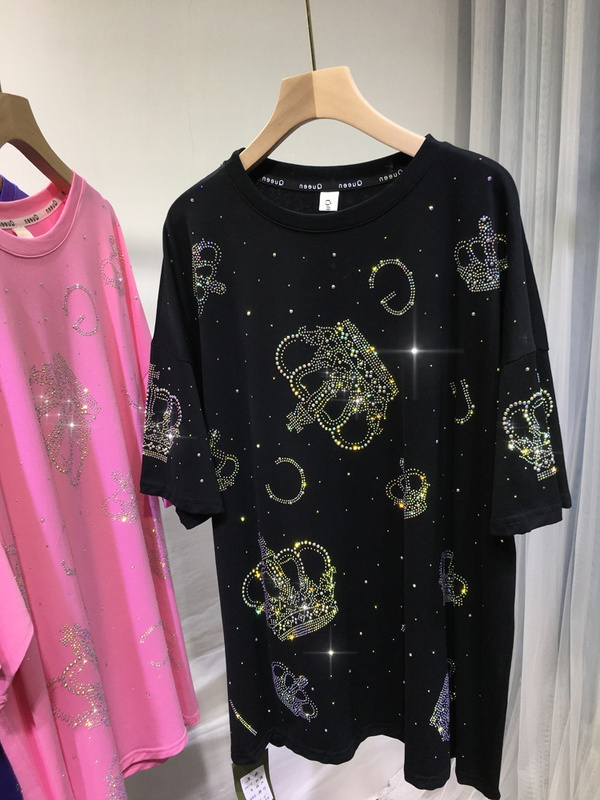 Extra Large Size 1.0-150kg Plus-Size Heavy-Duty Rhinestone T-Shirt with Crown, Shiny Short-Sleeve Summer New Fashion Stylish Top Extra Large Size 1.0-150kg Plus-Size Heavy-Duty Rhinestone T-Shirt with Crown, Shiny Short-Sleeve Summer New Fashion Stylish Top