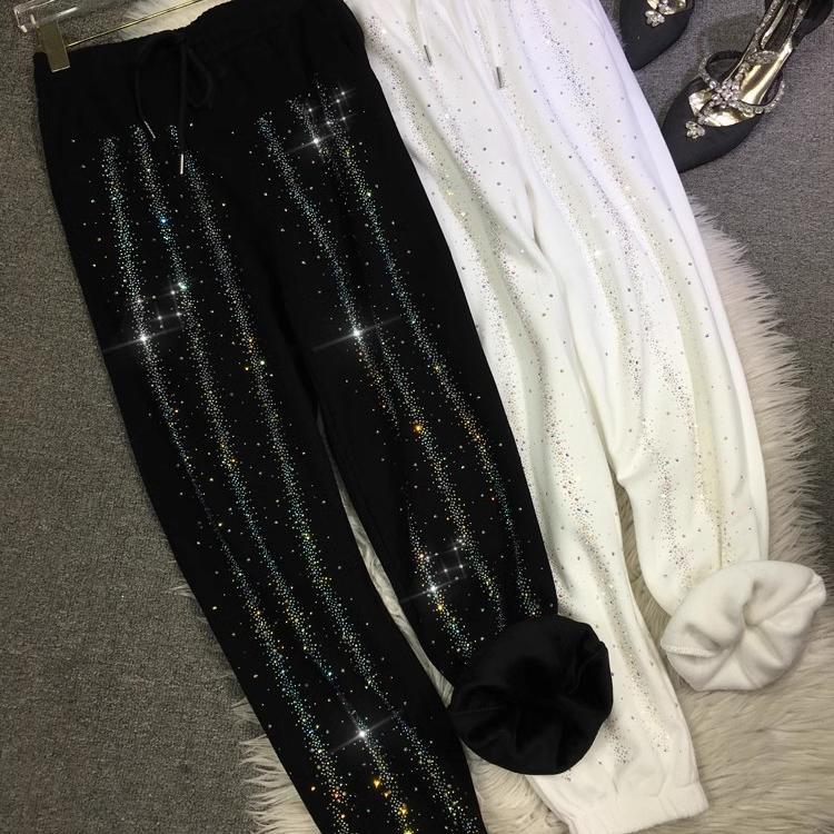 Extra Large Size 1.0-150kg Plus-Size European-Style Heavy-Duty Rhinestone Sweatpants for Women, Fleece-Lined, Thickened, High-Waisted, Slimming, Jogger Pants