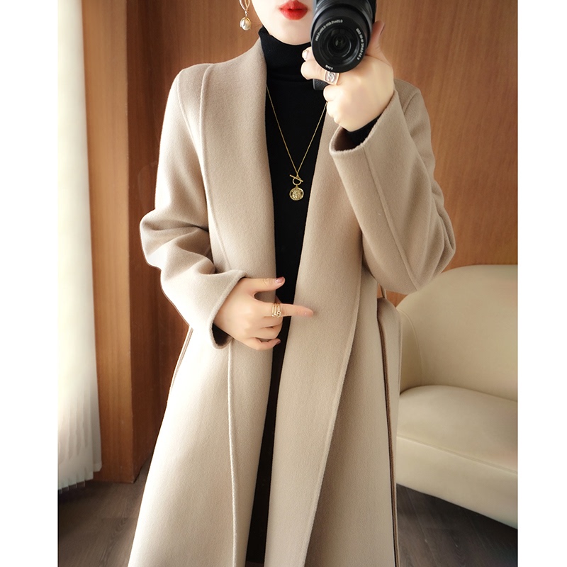 26 Autumn/Winter New Double-Sided Cashmere Coat for Women, Mid-Length 100% Wool Woolen Coat, Over-The-Knee Trench Coat for Women
