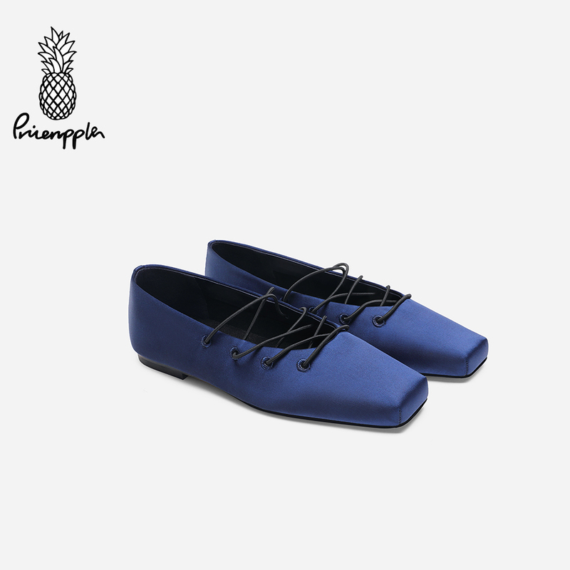 Pineapple Women's Shoes Steen Pineapple Designer Silk Fabric Blue and Red Square Toe Cross-Strap Flat Shoes