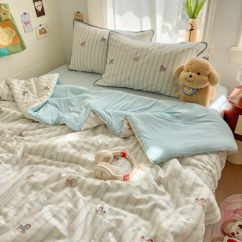 Class a Pure Cotton Double-Layer Yarn + Nylon Cooling Summer Quilt, Reversible, Summer Cartoon Air-Conditioning Quilt, Machine Washable