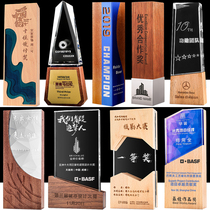 Wooden trophy custom beech wood head laser engraving award crystal trophy engraved staff souvenir creative