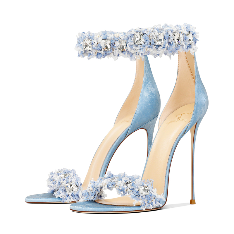 Blue Small Pearl Flower Seed Open-Toe Fashion Sandals for Women with Thin Heels and High Heels, 2026 Spring New Princess Style