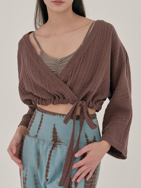 Bohemian European and American Fashion Sports Top Double-Layer Gauze Breathable V-Neck Front Placket Drawstring Waist-Revealing Blouse