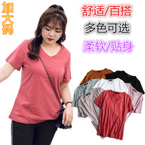 Summer extra-large code pure cotton V collar short sleeve T-shirt woman fat MM200 catty loose display slim half sleeve bottom blouse