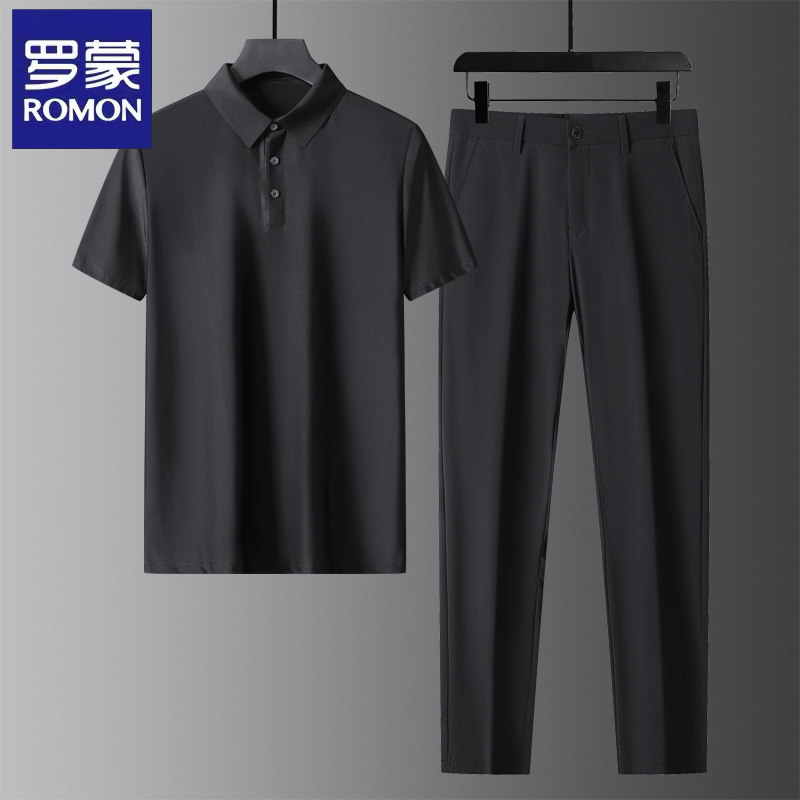 Romon Summer Light Luxury Seamless Bonded Ultra-Thin Silky Stretch Ice Silk Lapel Short-Sleeve Two-Piece Casual Suit for Men Romon Summer Light Luxury Seamless Bonded Ultra-Thin Silky Stretch Ice Silk Lapel Short-Sleeve Two-Piece Casual Suit for Men