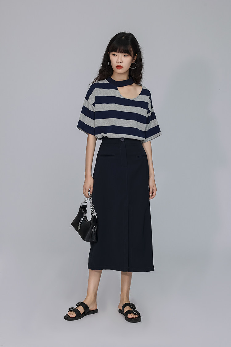 Стильные костюмы 「又巷」甜辣两件套裙2023年夏季新款条纹上衣搭开叉半身裙套装女