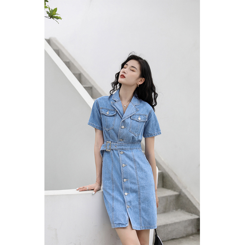 And lane summer port taste retro waist denim dress female bellflower French Hepburn style suit collar shirt skirt