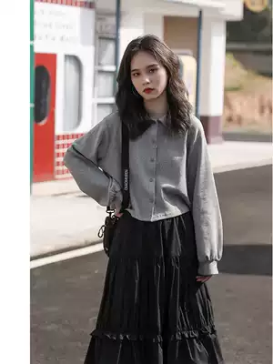 You Lane 2021 autumn gray single-breasted POLO collar long sleeve slim high waist short bottom lapel collar cardigan women
