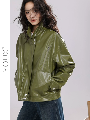 Зеленая полиуретановая осенняя дизайнерская куртка, тренд сезона