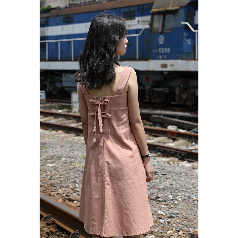 Grapefruit color French strap back buckle dress halter wide sundress 2020 new Hong Kong flavor fresh sundress