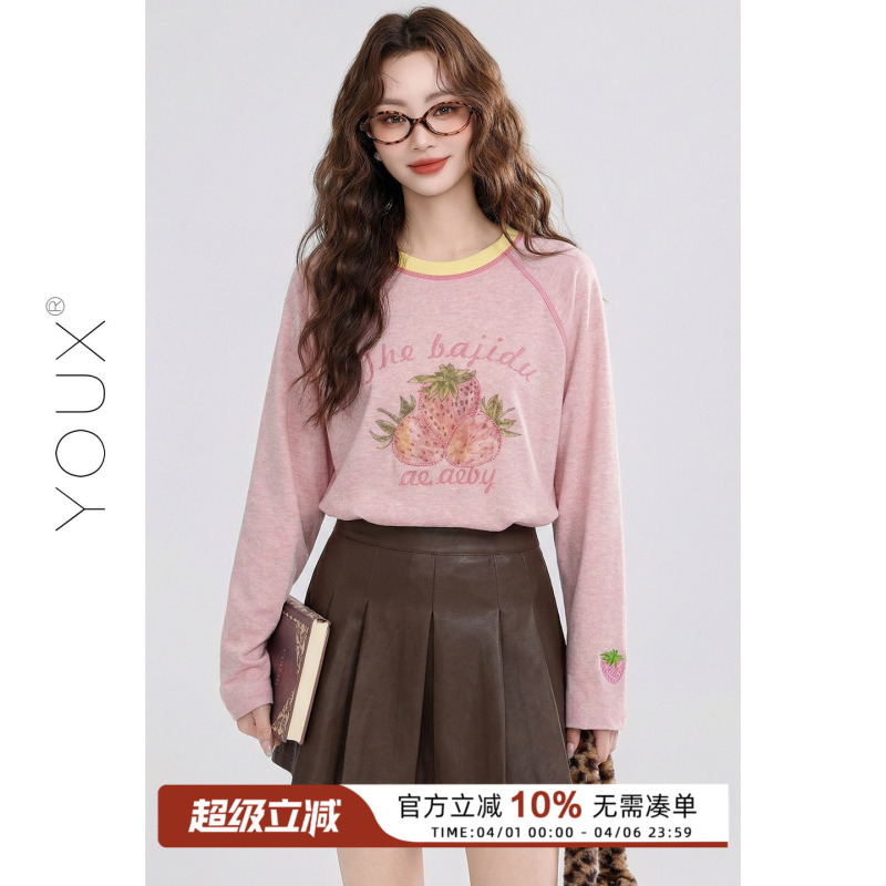 Youxiang [Berry Island Wind Chime] Retro-Style Pink Long-Sleeved Strawberry Print Early Spring T-Shirt for Women 2026 Spring New Style