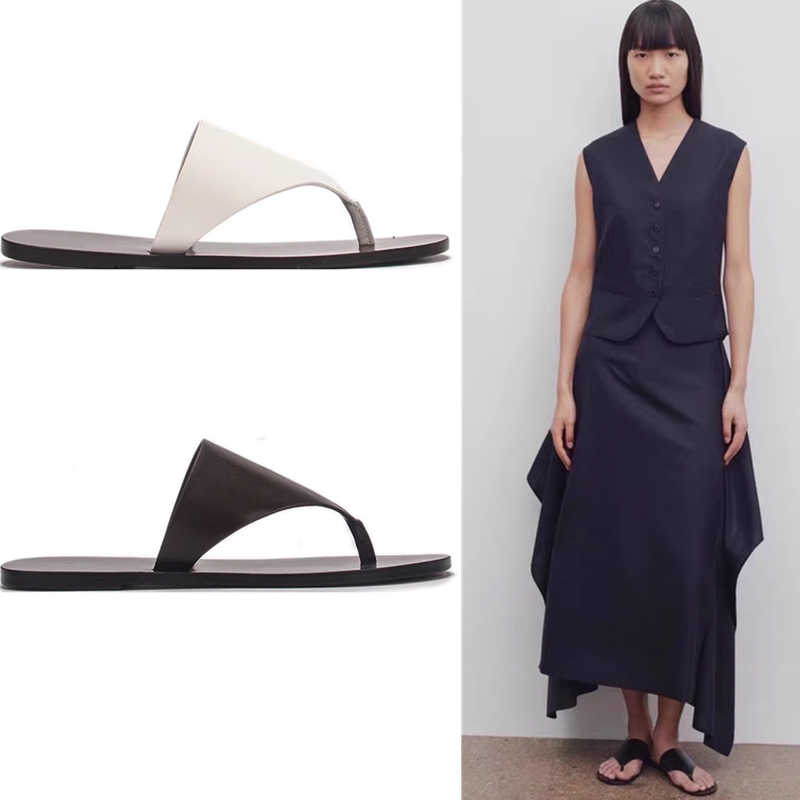 T*Row Shoes Women's Genuine Leather Flip-Flops 2026 Summer New Style Flat-Soled Travel and Vacation Thong-Toe Triangular Sandals