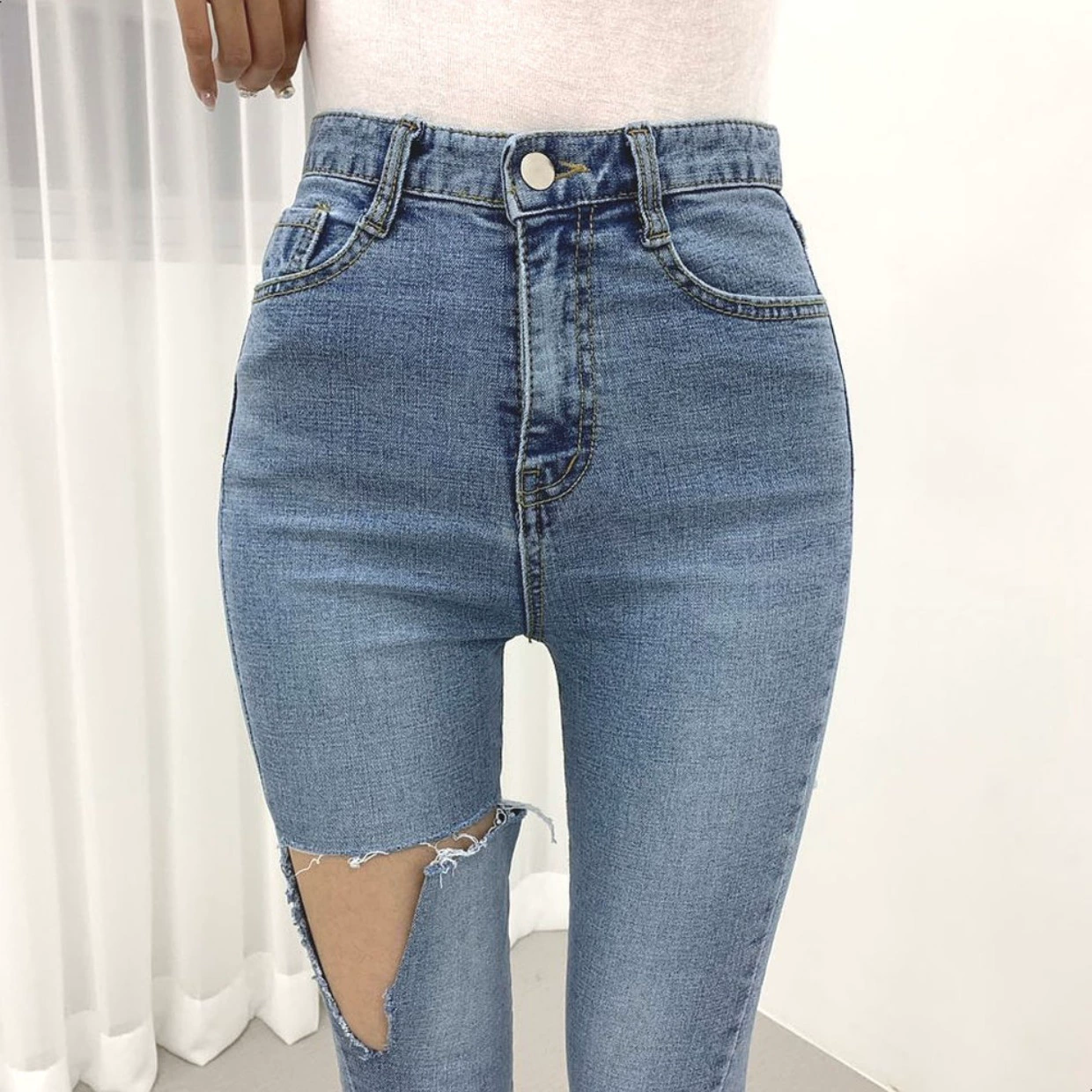 zara jeans Fashion Elastic High Waist Jeans Women's 2022 Summer Hot Sale Korean Cropped Hole Back Button Casual Pants Woman Clothes Xs Size american eagle jeans