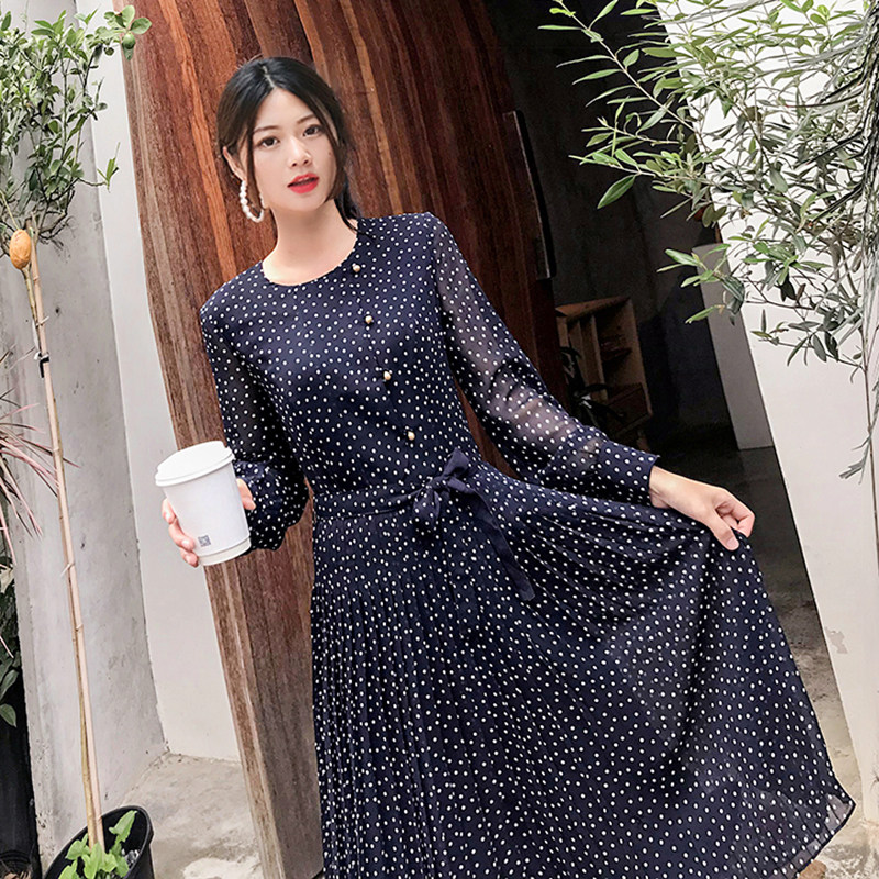 2022 spring and summer new wave dot print lower skirt accordion pleats slim fit dress MZ SFOW93803S