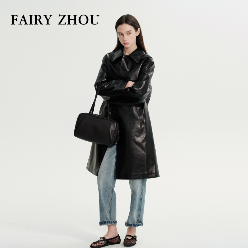 Fairy Zhou |   Mid-Length Lapel Loose-Fitting Single-Breasted Black Leather Jacket for Women, Modern Leather Jacket.