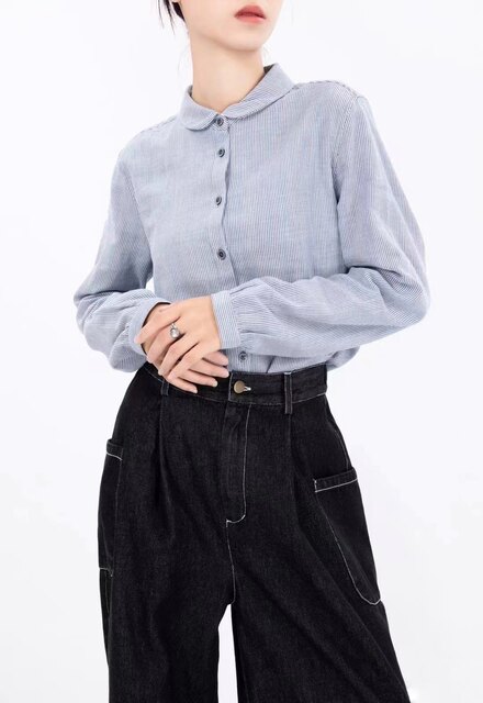 Japanese Order Autumn and Winter Simple Retro Mandarin Collar Doll Stripe Double-Layer Gauze Solid Color Women's Shirt Long-Sleeved Blouse