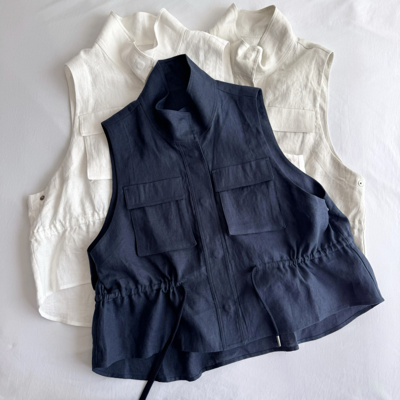 Japanese Style Spring and Summer New Retro Solid Color Stand Collar Button Pocket Drawstring Linen Women's Sleeveless Vest Loose Tank Top