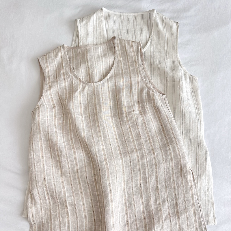 Spring and Summer New Simple Japanese-Style Round-Neck Striped Linen Loose Sleeveless Vest Women's Pullover Slit Camisole Vest Spring and Summer New Simple Japanese-Style Round-Neck Striped Linen Loose Sleeveless Vest Women's Pullover Slit Camisole Vest