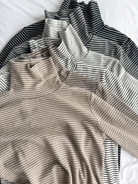 Japanese Order Autumn and Winter Simple Versatile Striped Solid Color High-Neck Slim Fit Stretchy Women's T-Shirt Base Layer