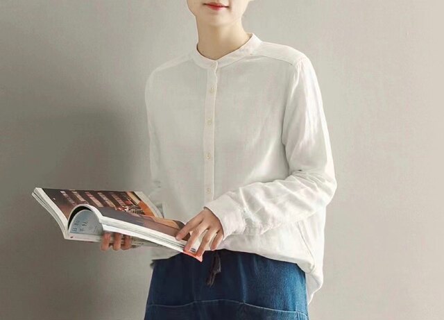 Japanese Order Spring and Autumn New Product Simple Retro Collarless Striped Double-Layer Gauze Solid Color Women's Shirt Long-Sleeved Blouse