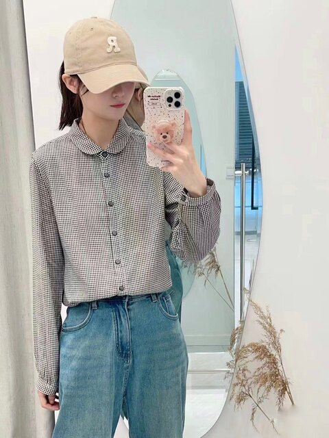 Japanese Order Autumn and Winter Simple Retro Mandarin Collar Doll Stripe Double-Layer Gauze Solid Color Women's Shirt Long-Sleeved Blouse
