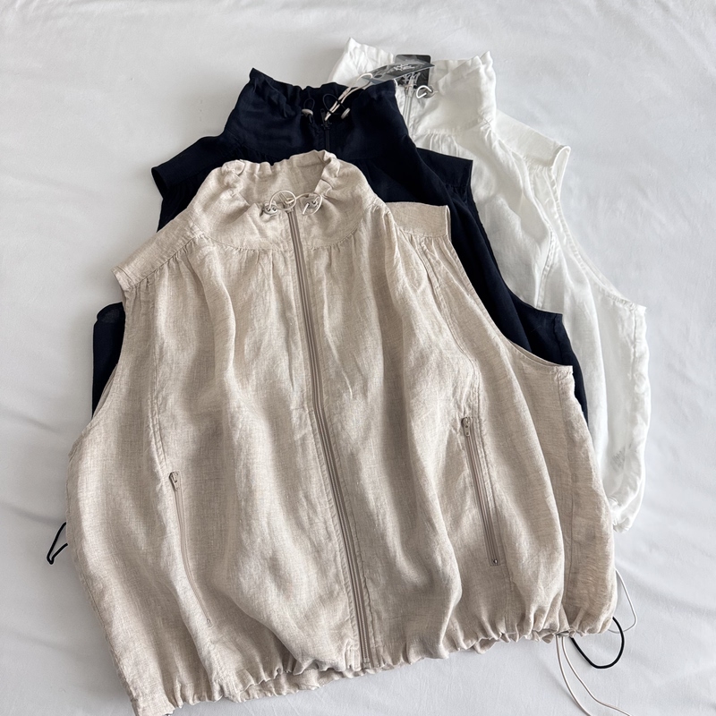 Japanese Order Spring/Summer New Vintage Linen Stand Collar Zipper Loose Drawstring Sleeveless Women's Vest Sleeveless Tank Top