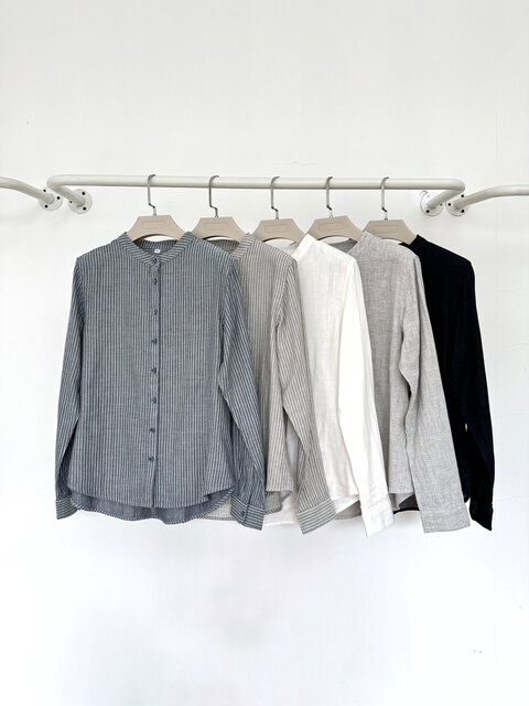 Japanese Order Spring and Autumn New Product Simple Retro Collarless Striped Double-Layer Gauze Solid Color Women's Shirt Long-Sleeved Blouse